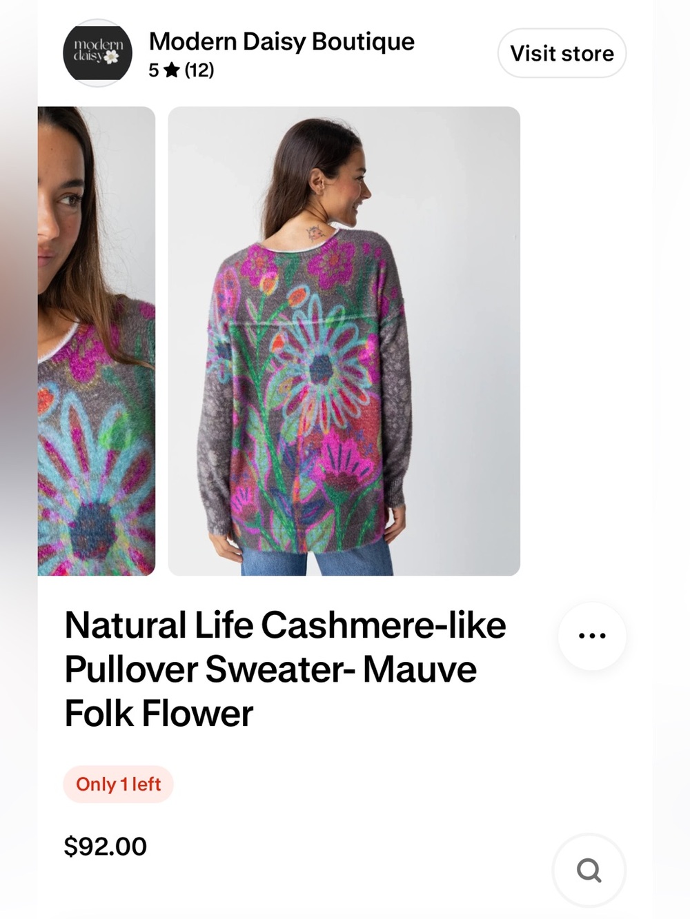NATURAL LIFE Cashmere - like Pullover Sweater Mauve Folk Floral Scoop Neck - Picture 4 of 10